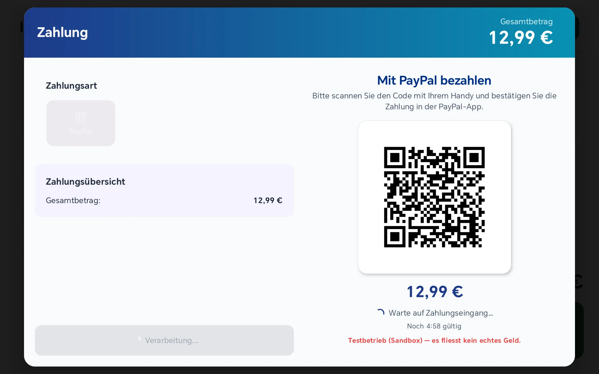 QR-Code für PayPal mit 12,99 Euro, darunter Warte auf Zahlungseingang und Noch 4:58 gültig