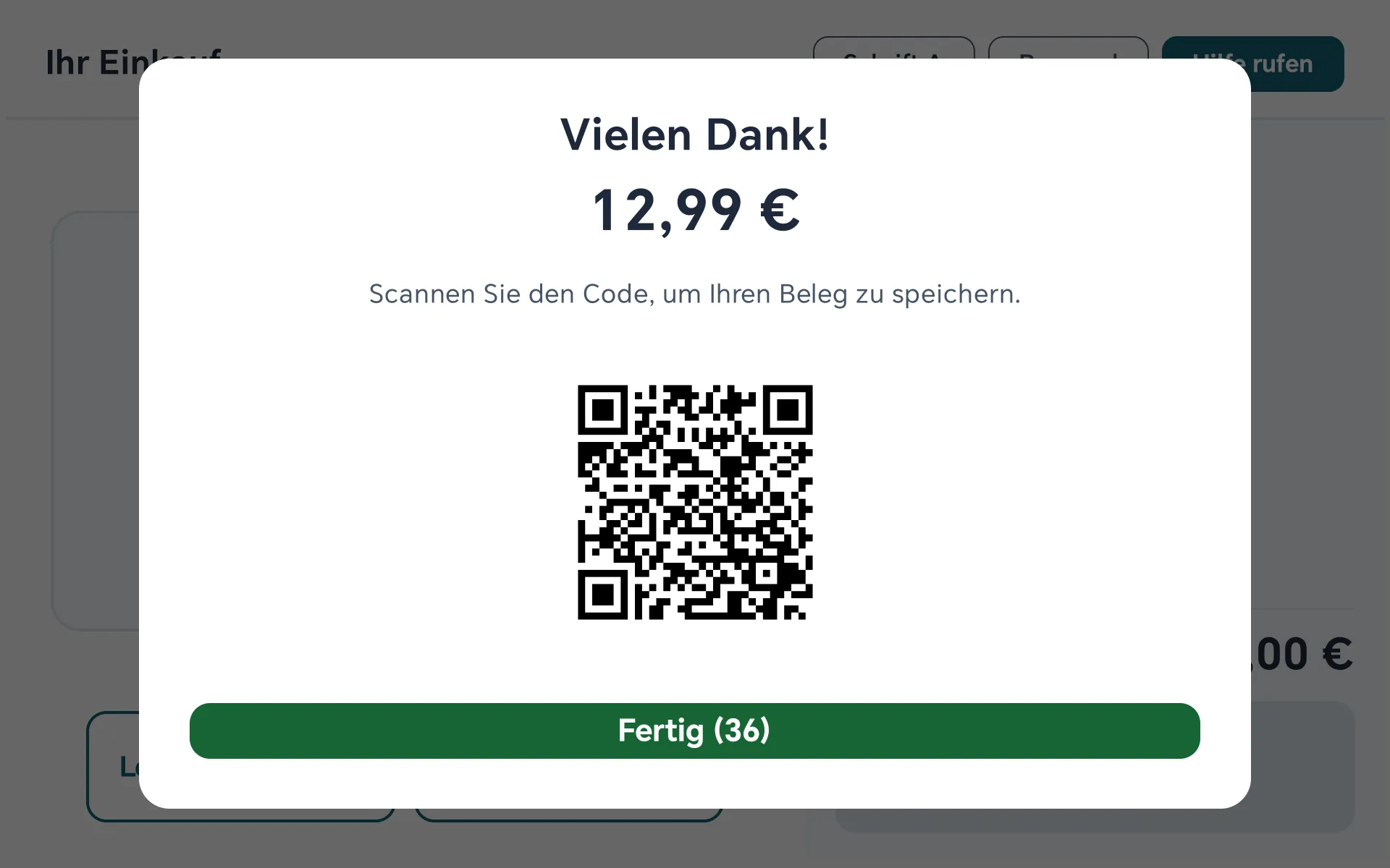 Fenster Vielen Dank mit 12,99 Euro, QR-Code zum Speichern des Belegs und Knopf Fertig mit Countdown