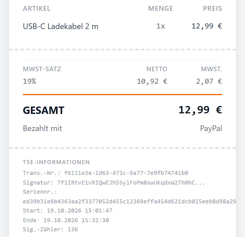 Ausschnitt des digitalen Belegs: Artikel, Mehrwertsteuer, Gesamt 12,99 Euro, Bezahlt mit PayPal und TSE-Informationen