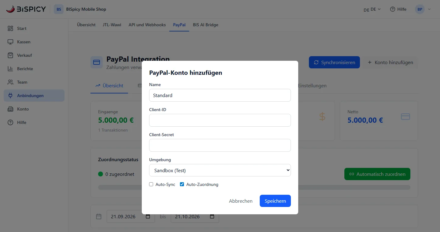 Fenster PayPal-Konto hinzufügen mit den Feldern Name, Client-ID und Client-Secret, der Auswahl Umgebung mit Sandbox (Test), den Häkchen Auto-Sync und Auto-Zuordnung sowie den Knöpfen Abbrechen und Speichern