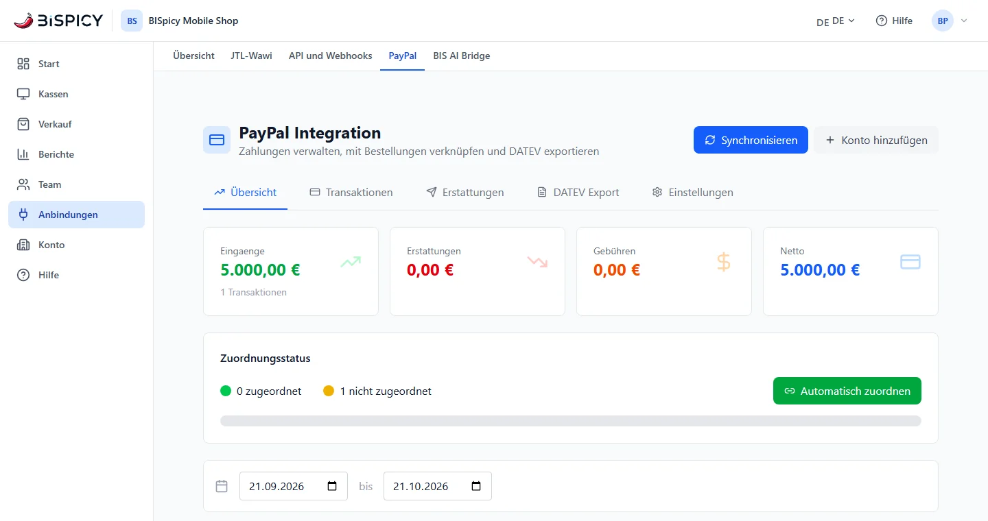 Kundencenter, Bereich Anbindungen, Reiter PayPal: Seite PayPal Integration mit den Reitern Übersicht, Transaktionen, Erstattungen, DATEV Export und Einstellungen, oben rechts die Knöpfe Synchronisieren und Konto hinzufügen