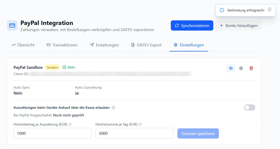 Reiter Einstellungen der PayPal Integration mit dem Konto PayPal Sandbox, Marken Sandbox und Aktiv, Client-ID unkenntlich, rechts das Augen-Symbol Verbindung testen, oben rechts die Meldung Verbindung erfolgreich