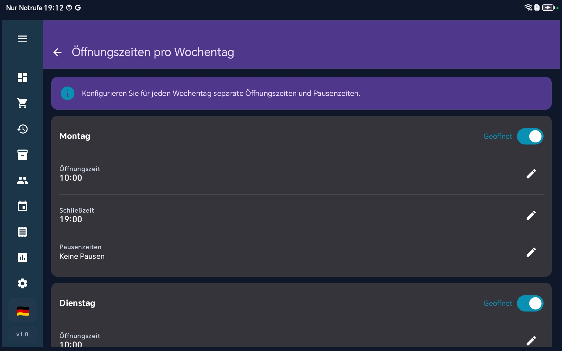 Öffnungszeiten konfigurieren