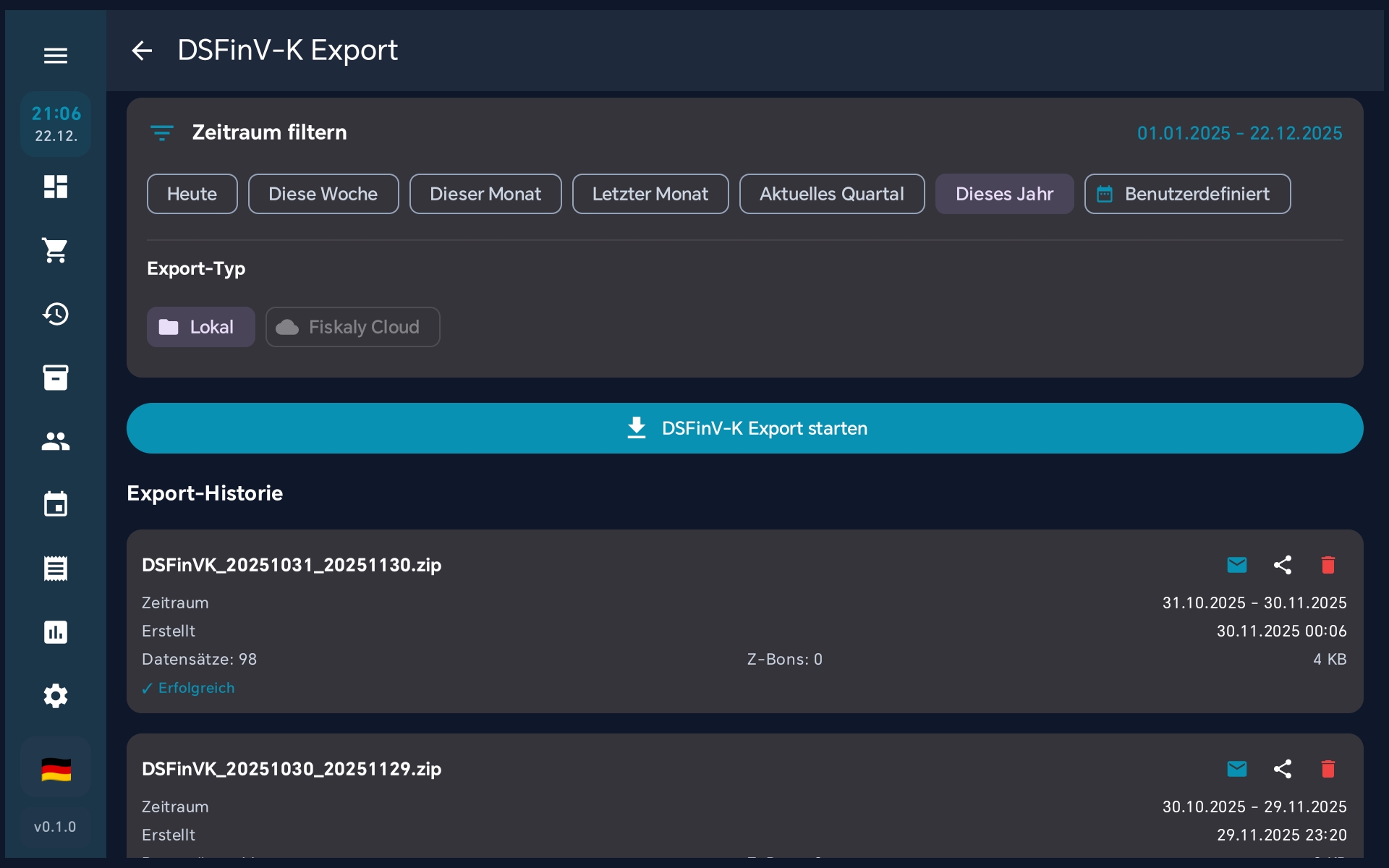 DSFinV-K Export - Zeitraum wählen, Export starten, ZIP-Archiv erhalten