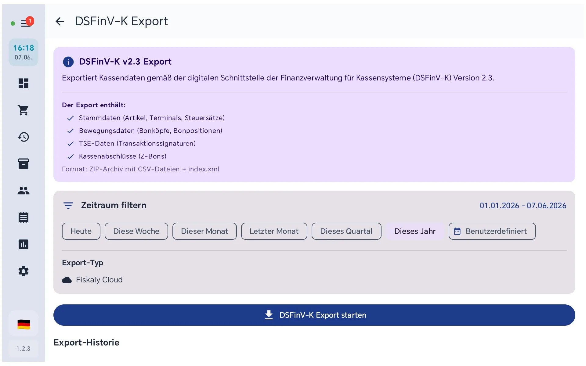 DSFinV-K Export - Zeitraum wählen, Export starten, ZIP-Archiv erhalten