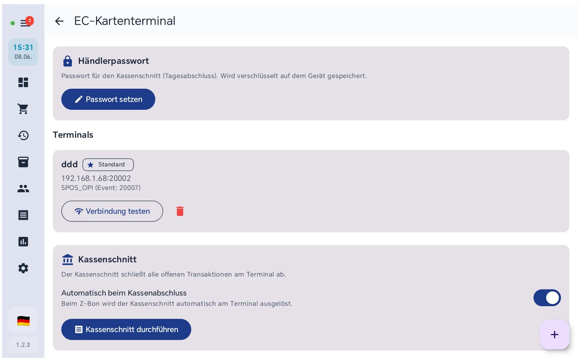 Einstellungen für das Kartenterminal mit Auswahl von Anbindung und Protokoll