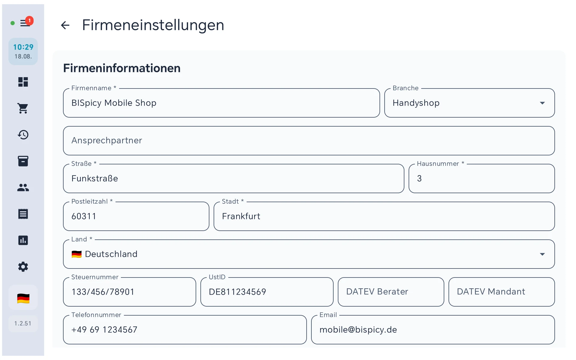 Firmeneinstellungen mit Anschrift, Steuernummer und Logo für den Bonkopf