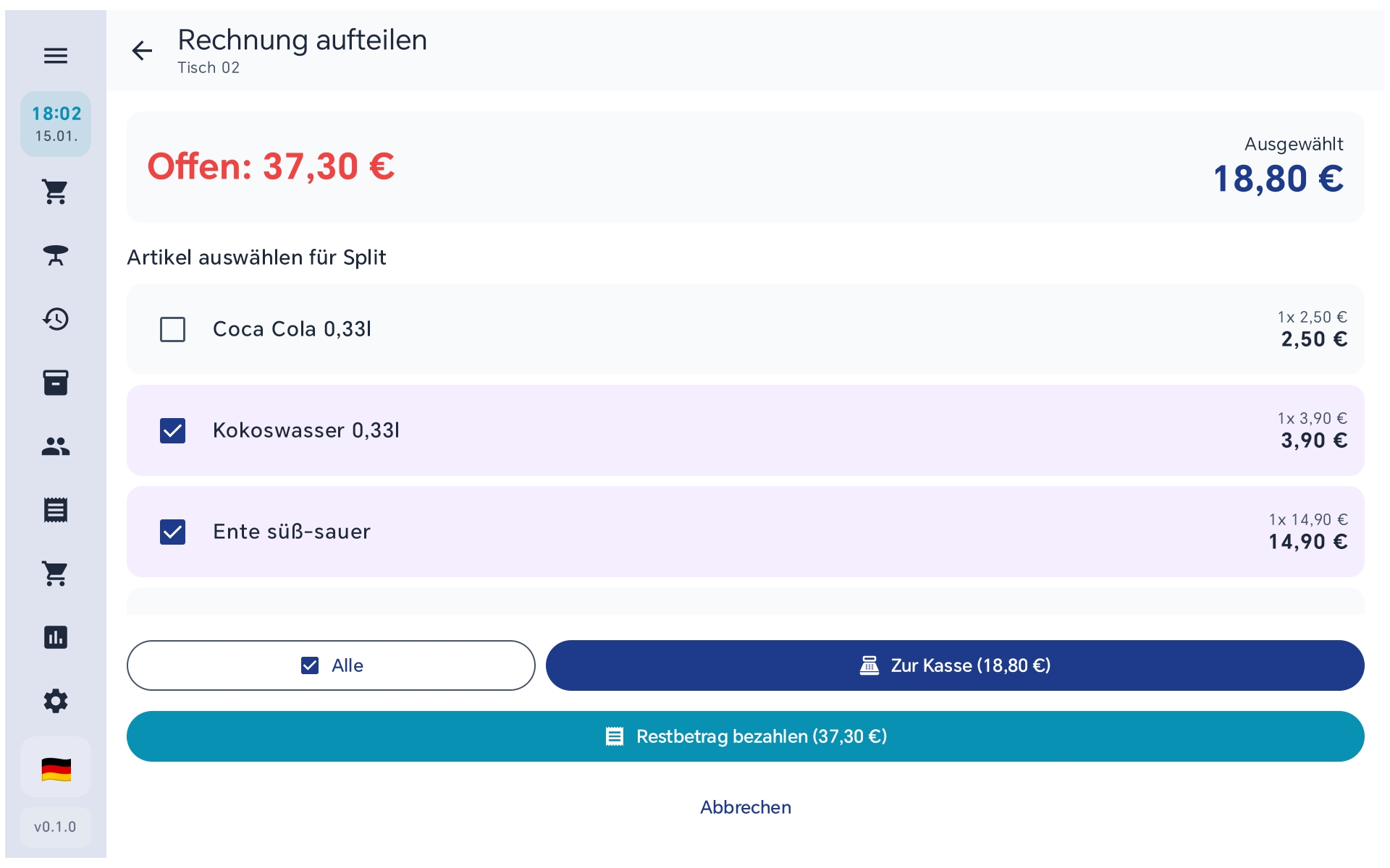 BISpicy POS Splitrechnung - Artikel für getrennte Rechnung auswählen