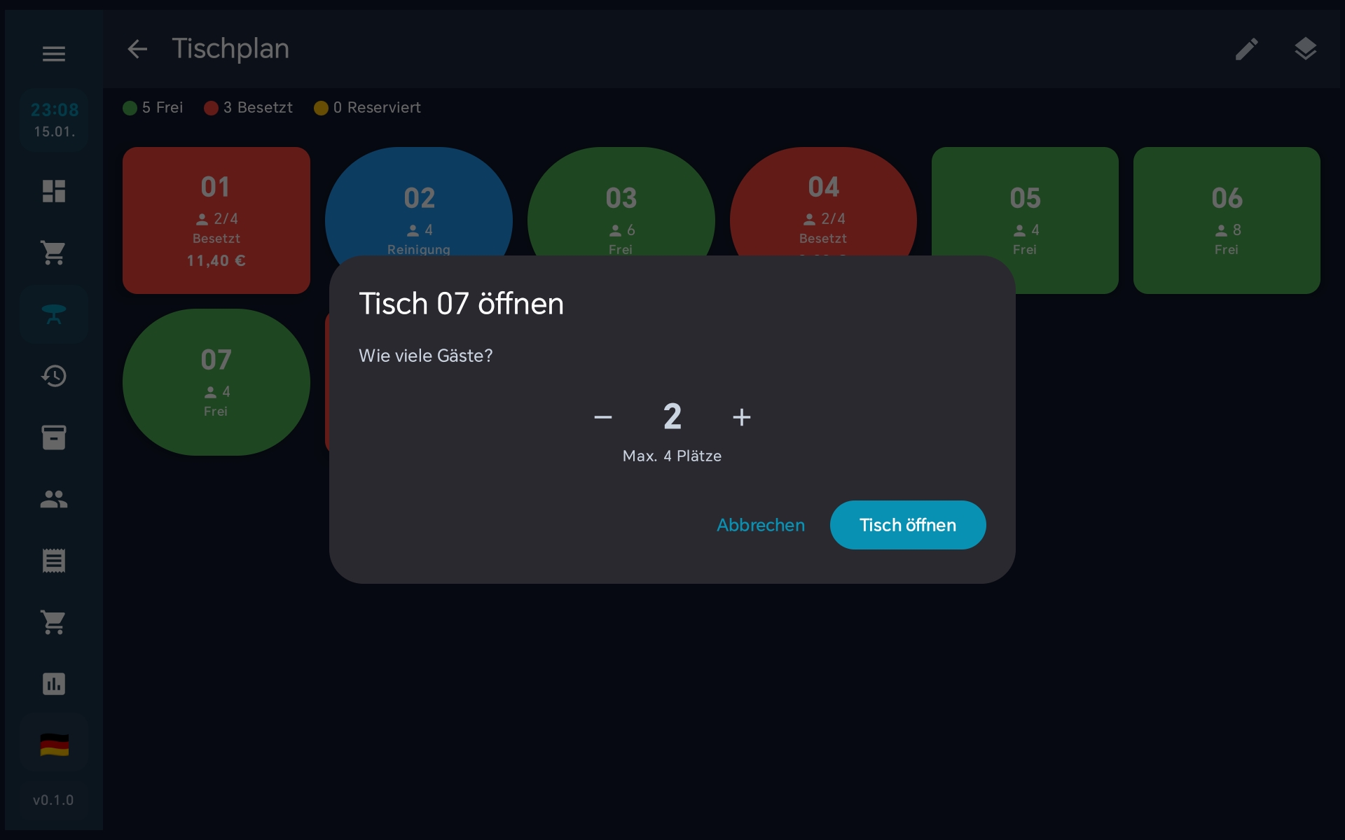 BISpicy POS Tisch öffnen Dialog - Gästeanzahl auswählen
