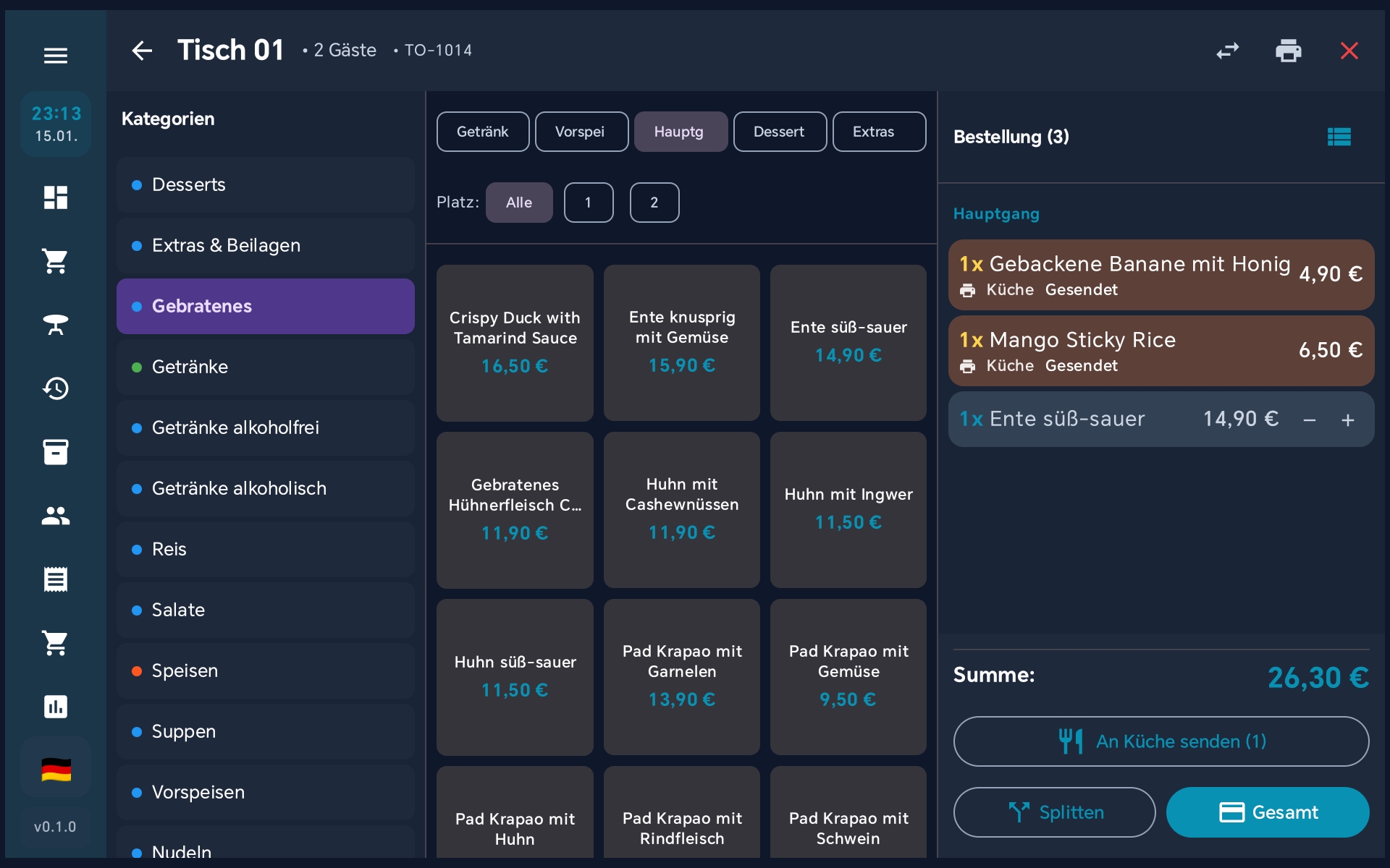 BISpicy POS Tischbestellung - Warenkorb mit Artikeln und Küchenstatus