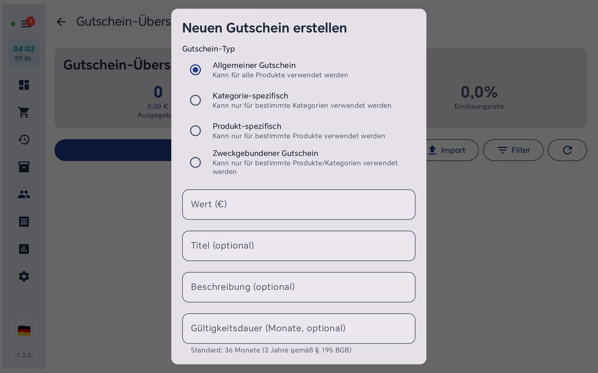 Dialog zum Anlegen eines Gutscheins mit Betrag, Gültigkeit und Verwendungszweck