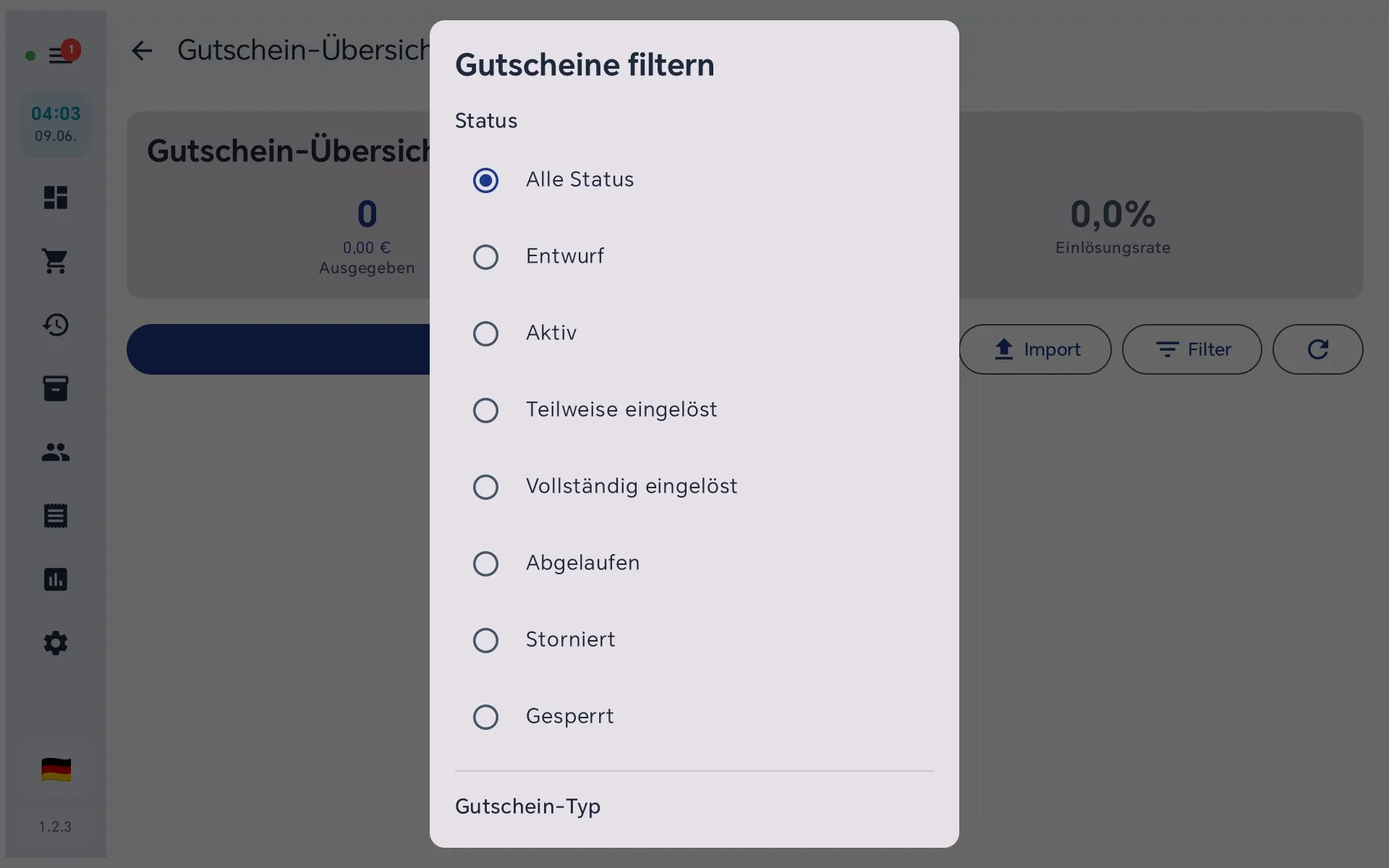Gefilterte Gutscheinliste nach Status, Zeitraum und Restwert