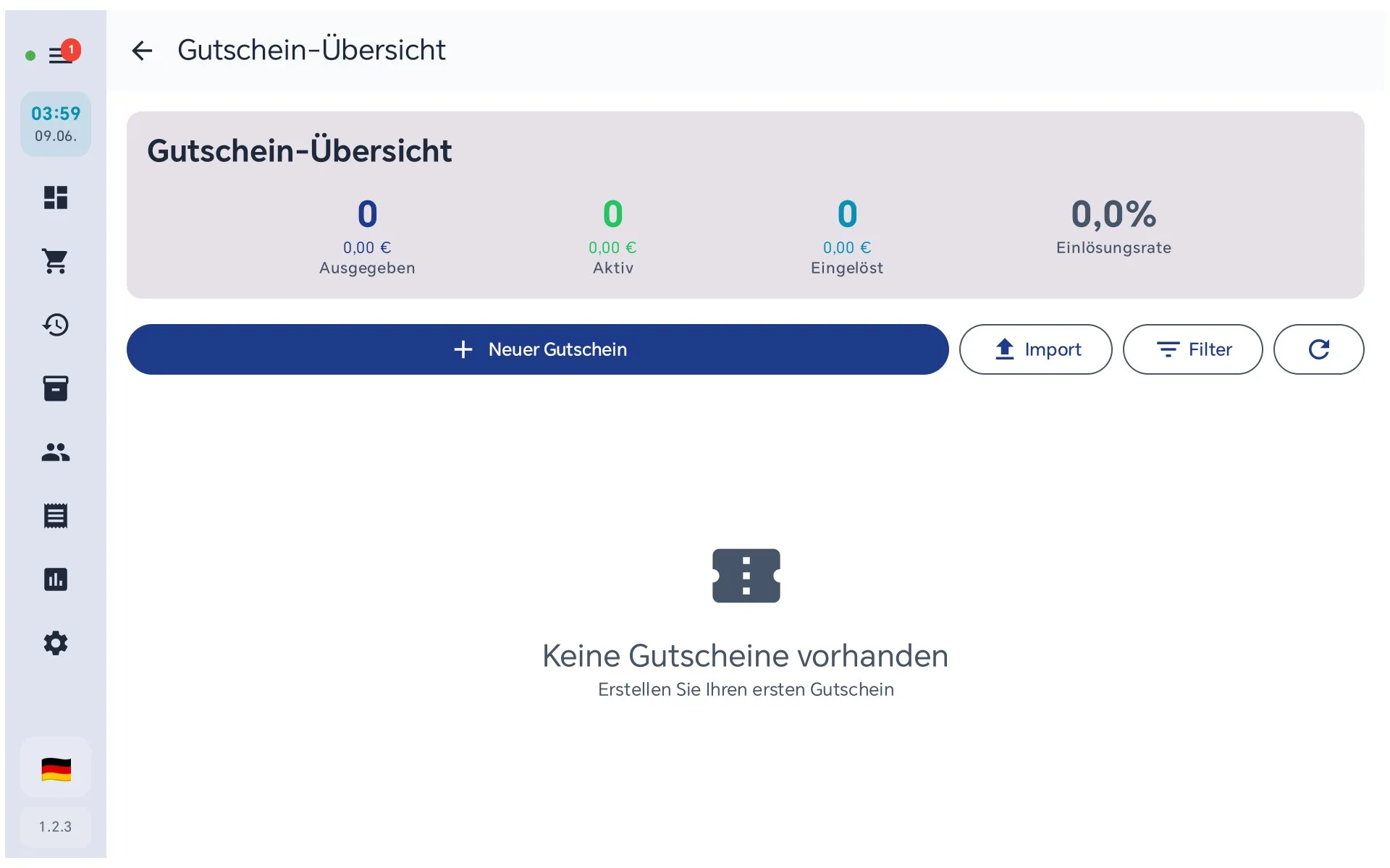 Gutscheinverwaltung mit Liste ausgegebener Gutscheine, Restwert und Status