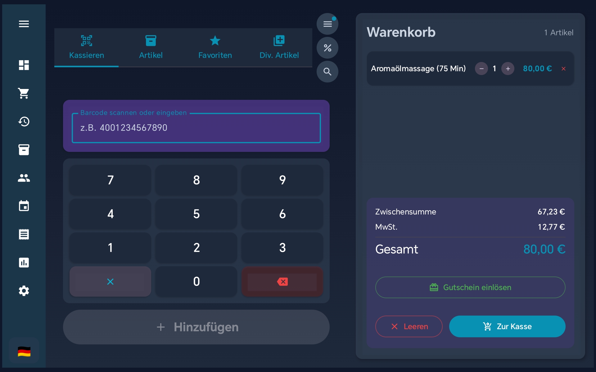 Kassieren Layout - Barcode Scanner & Warenkorb
