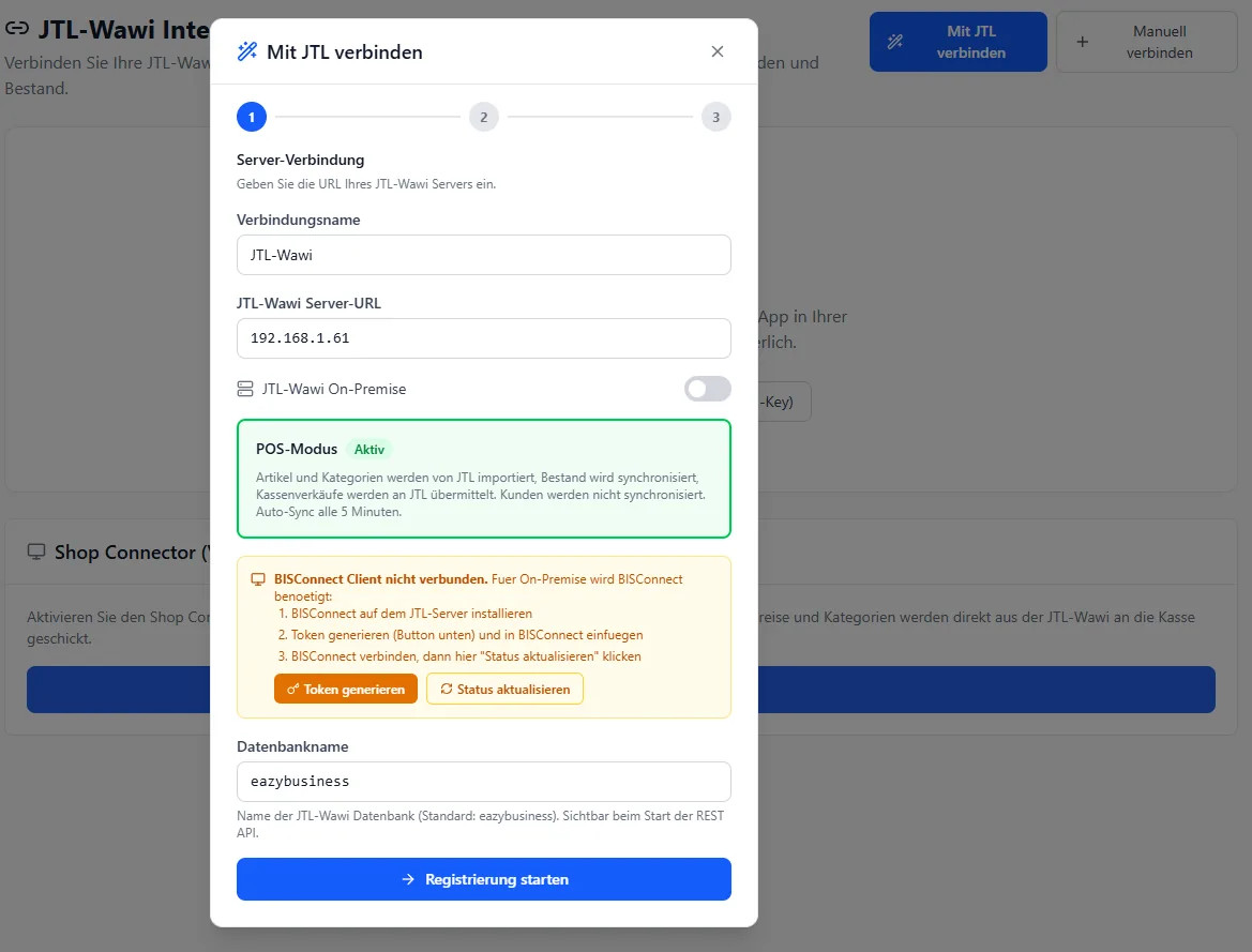 BISpicy - Mit JTL verbinden Dialog mit dem Button Token generieren