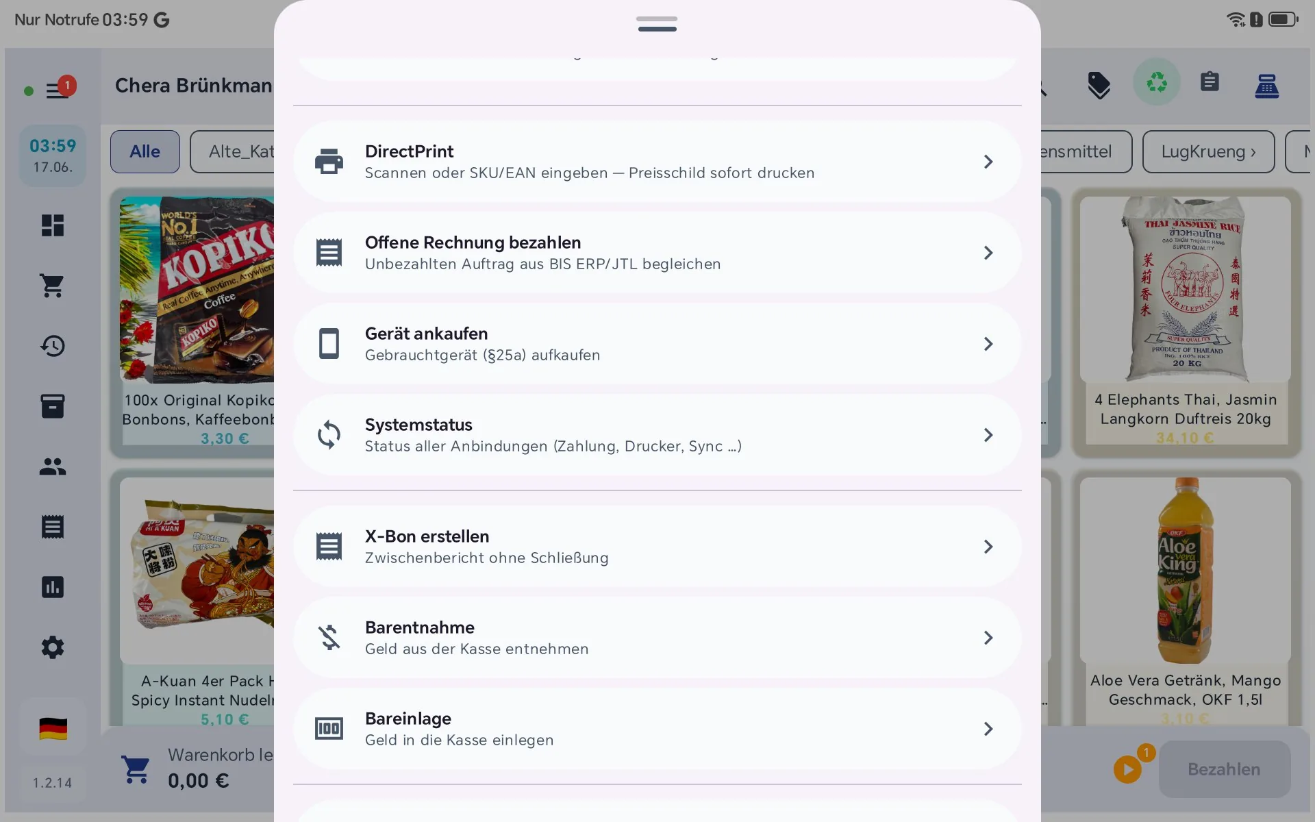 Hauptmenü der Kasse im einheitlichen BIS-Design mit moderat abgerundeten Schaltflächen