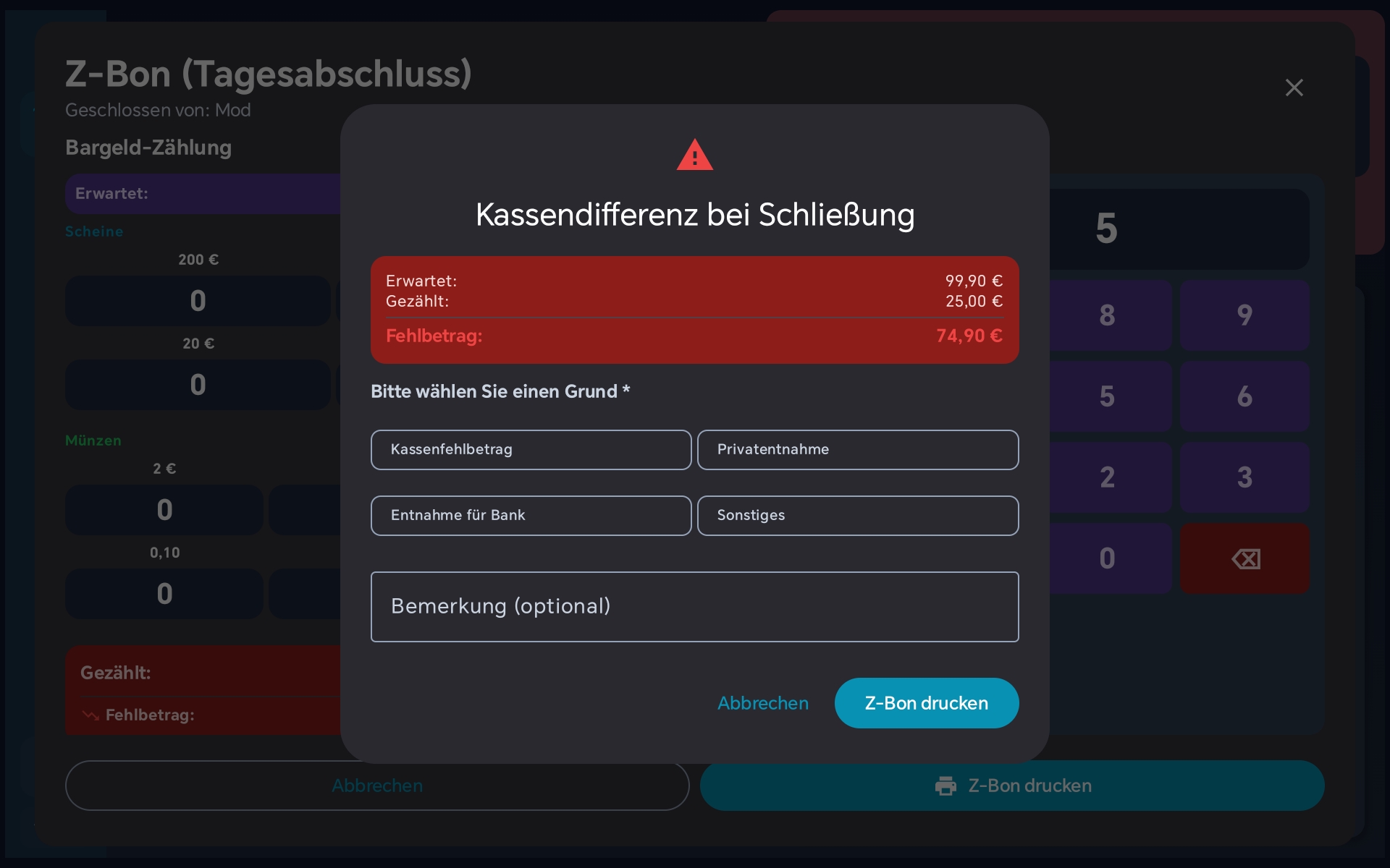 Kassenfehlbetrag-Dialog