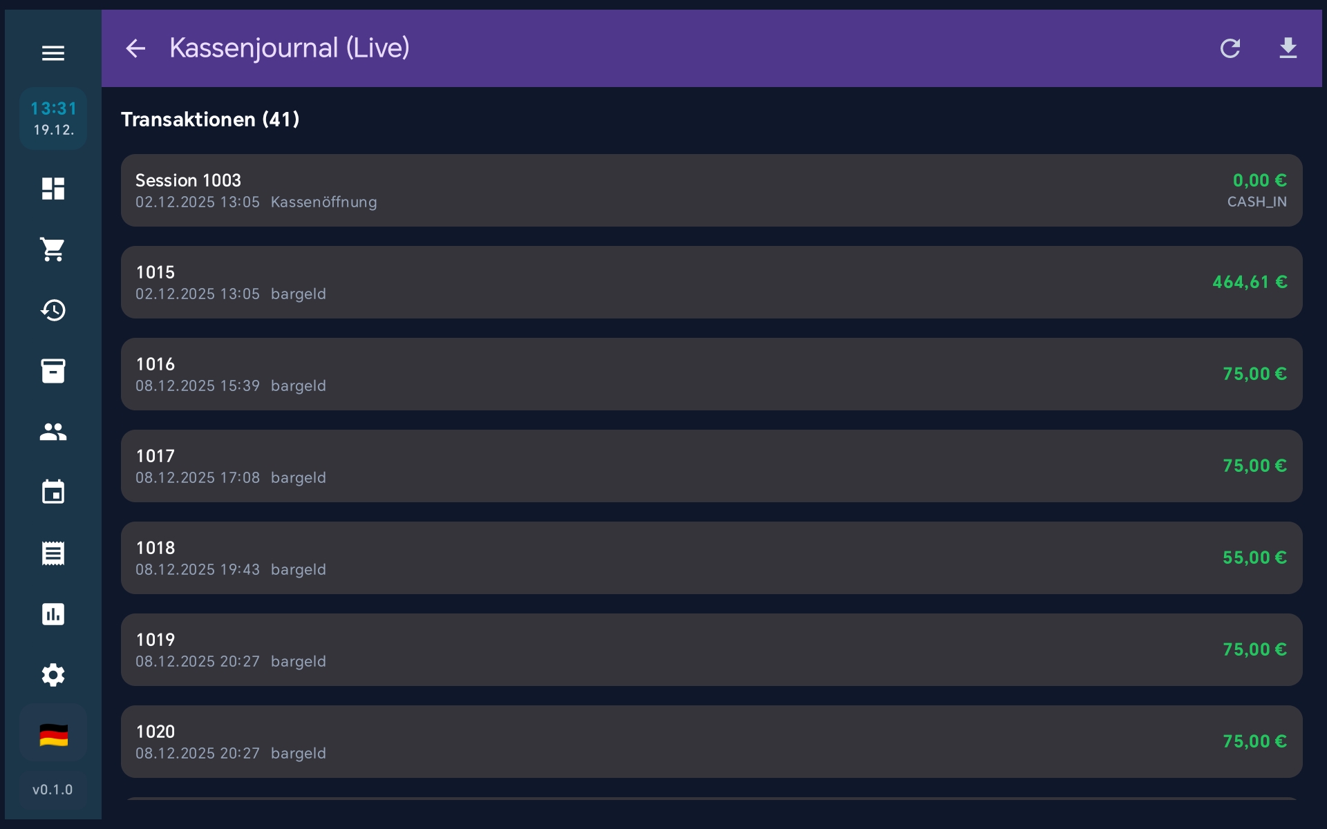 Kassenjournal mit allen Transaktionen