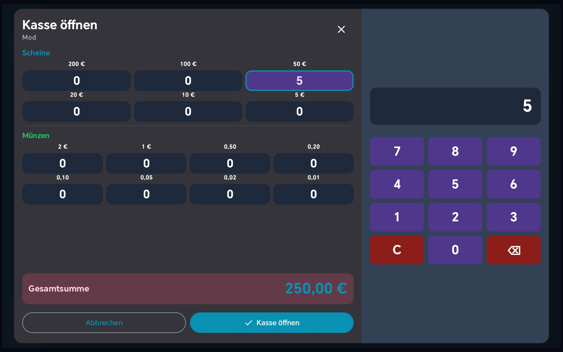 Kassenöffnungs-Dialog mit Stückelung