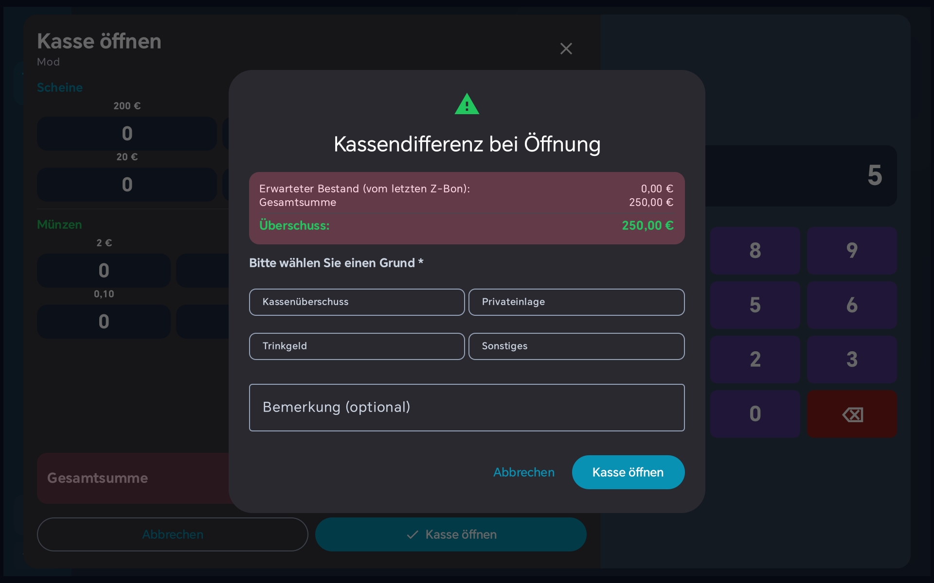 Kassenüberschuss-Dialog