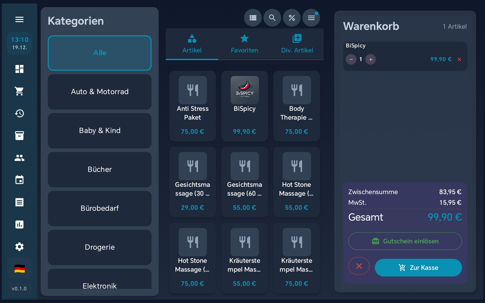 Gastronomie Layout mit Kategorien