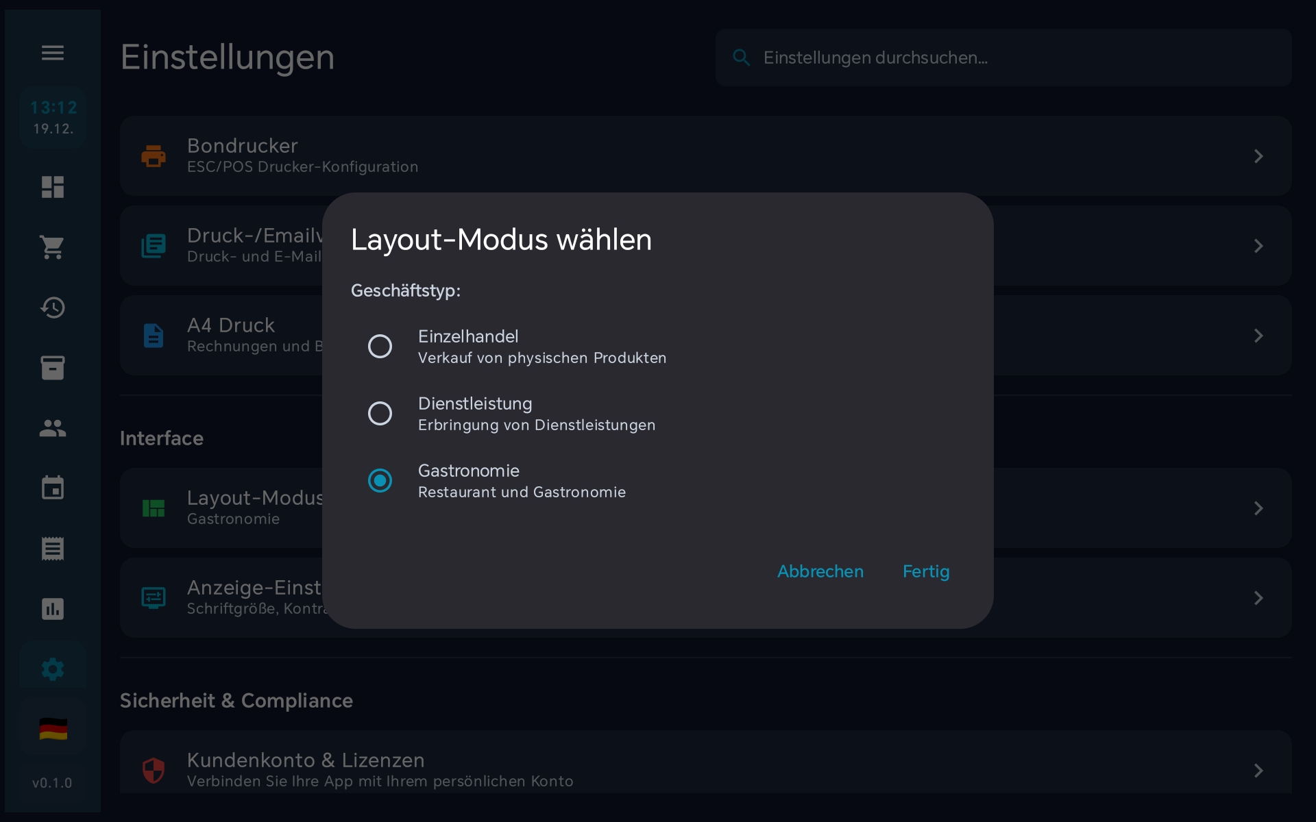 Layout-Modus wählen Dialog