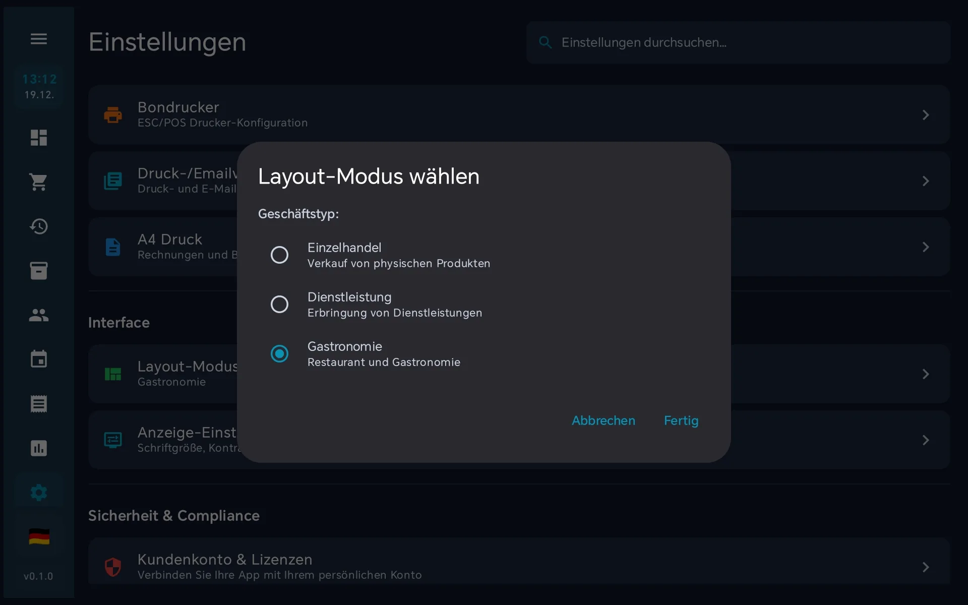 Layout-Modus wählen Dialog