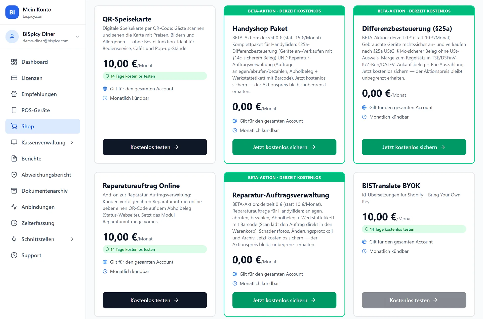 Lizenzshop im Kundencenter mit Modulkarten, Monatspreisen, Testphase und dem Hinweis monatlich kündbar