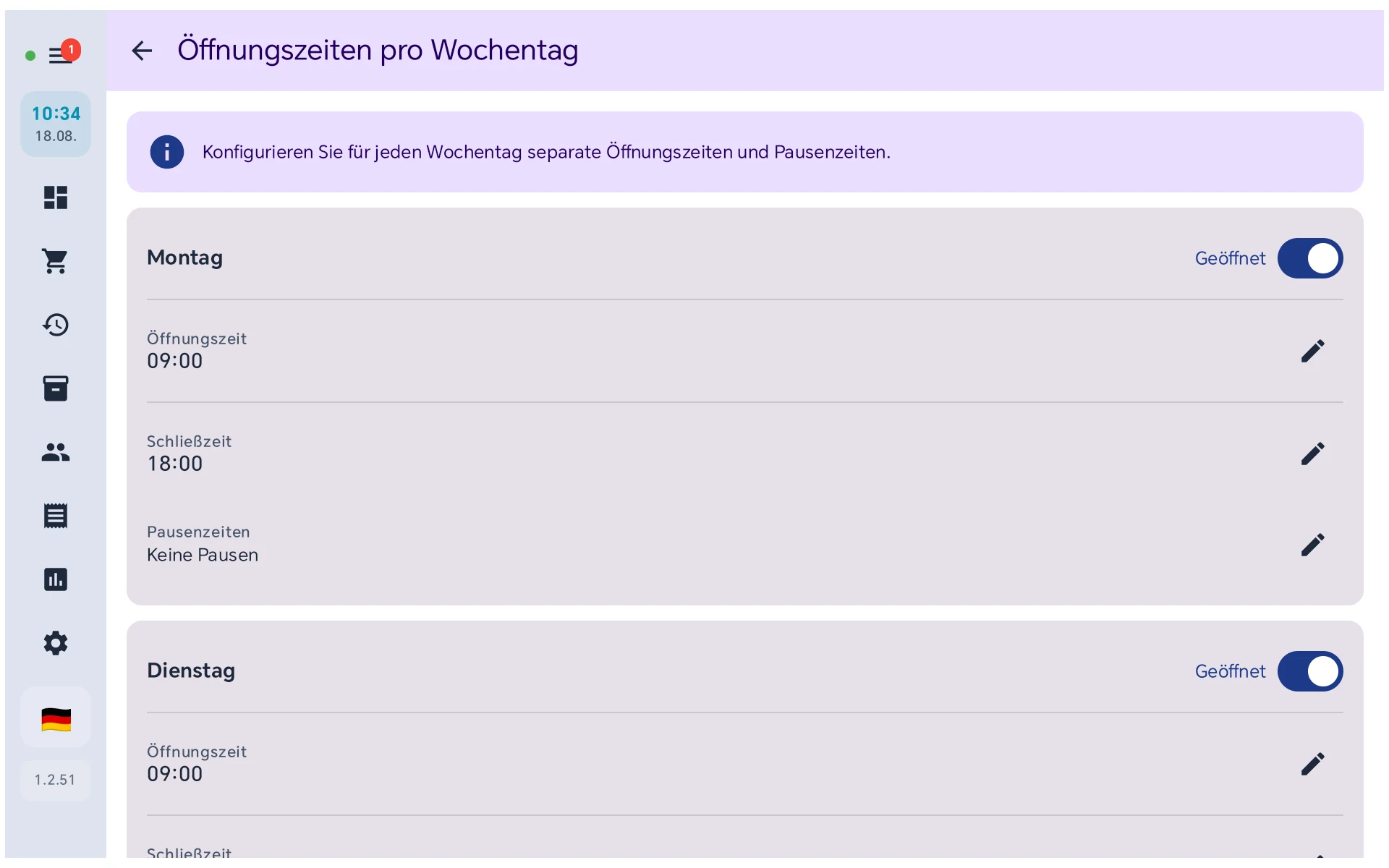 Öffnungszeiten in der Kassen-App mit Zeiten je Wochentag