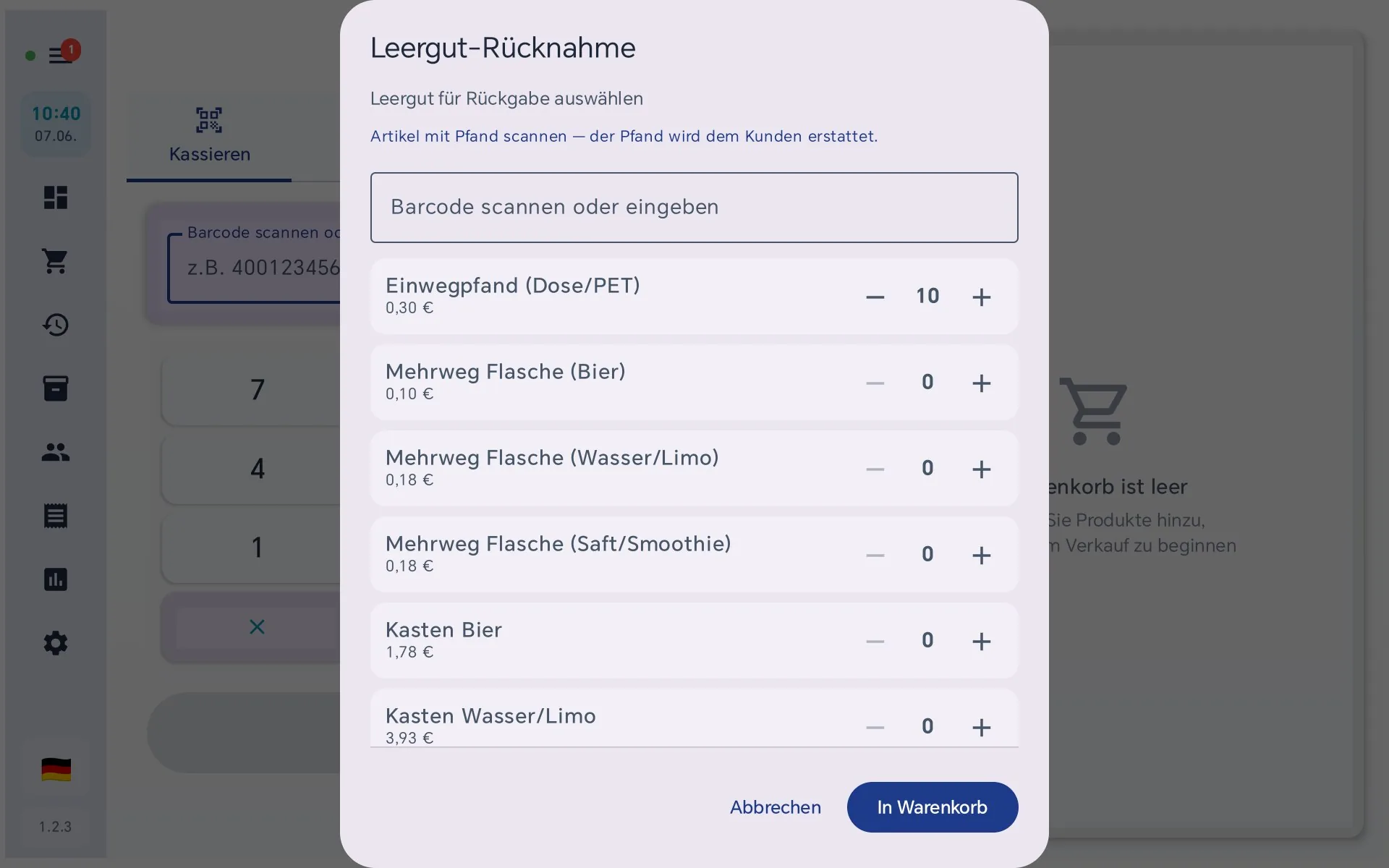 Pfandrücknahme in der Kasse mit Liste der Pfandartikel und Beträgen