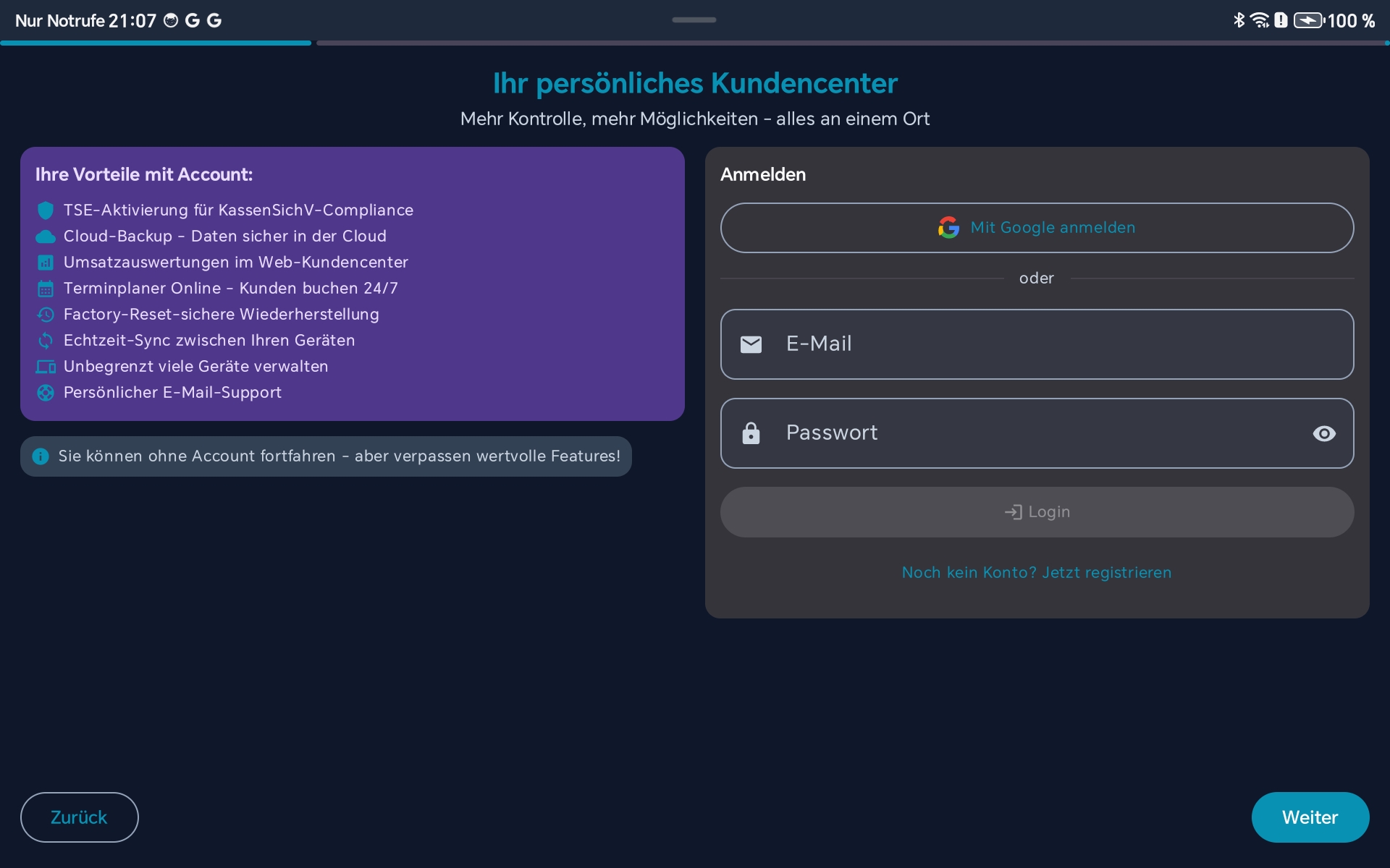 BISpicy POS - Anmeldung im Einrichtungs-Wizard