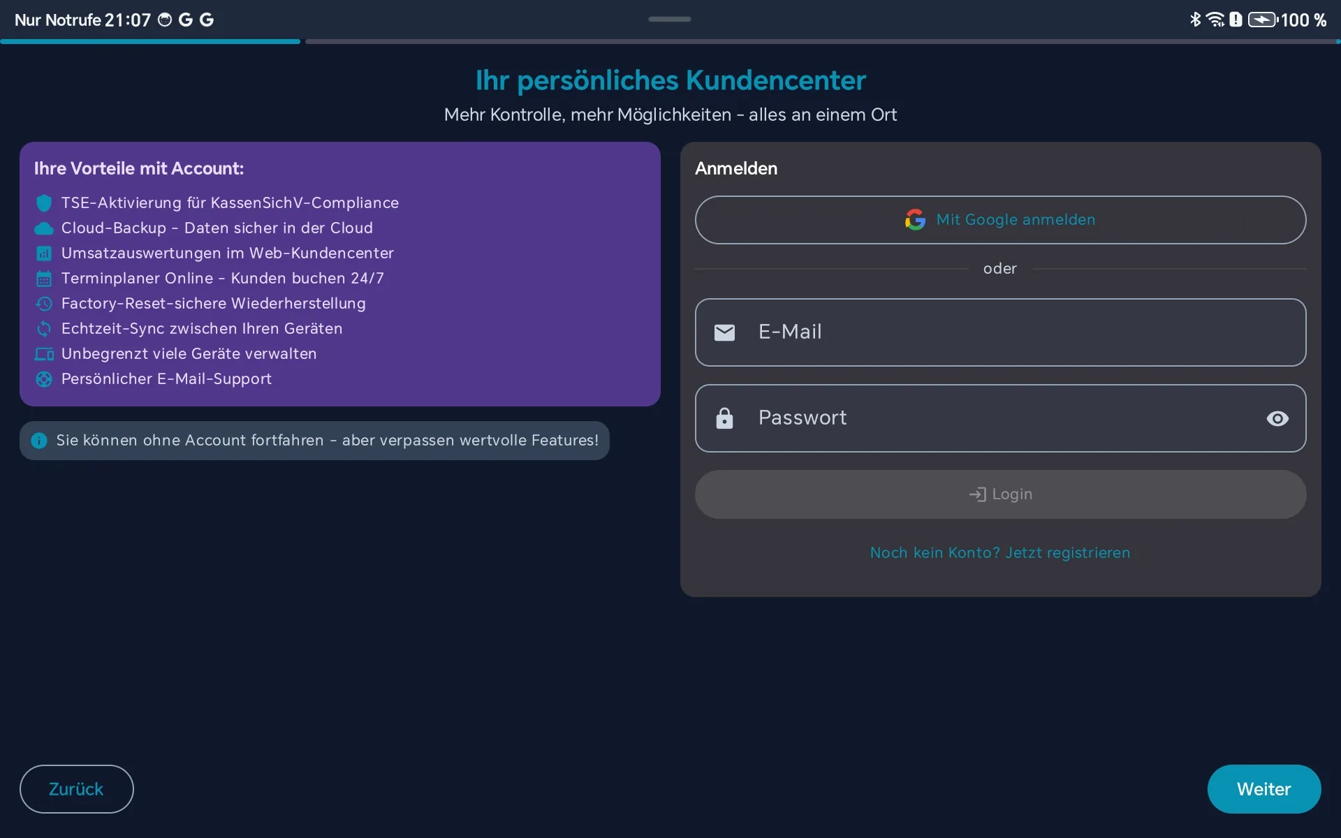 BISpicy POS - Anmeldung im Einrichtungs-Wizard