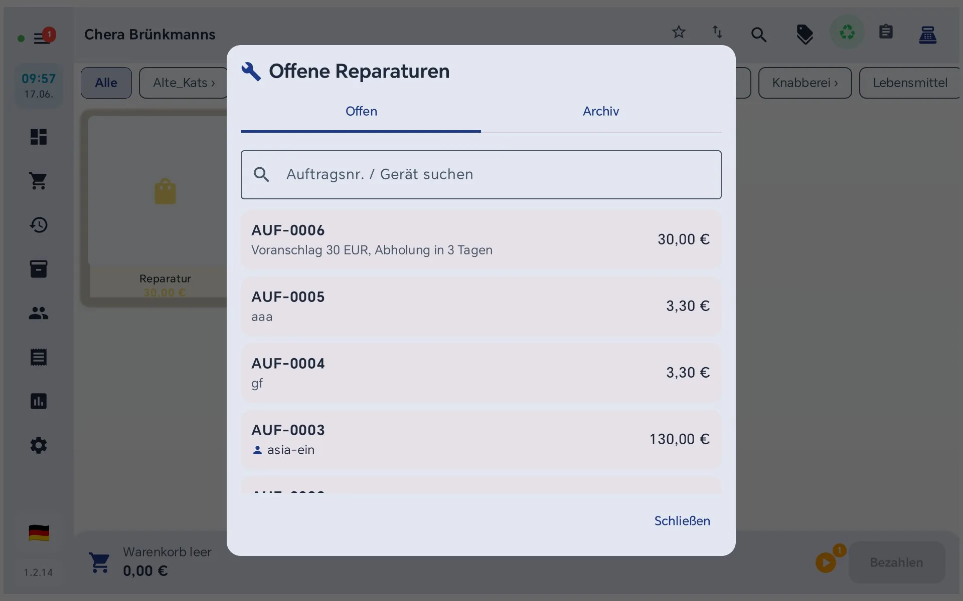 Übersicht der Aufträge mit Status, Kunde, Gerät und Abholbeleg