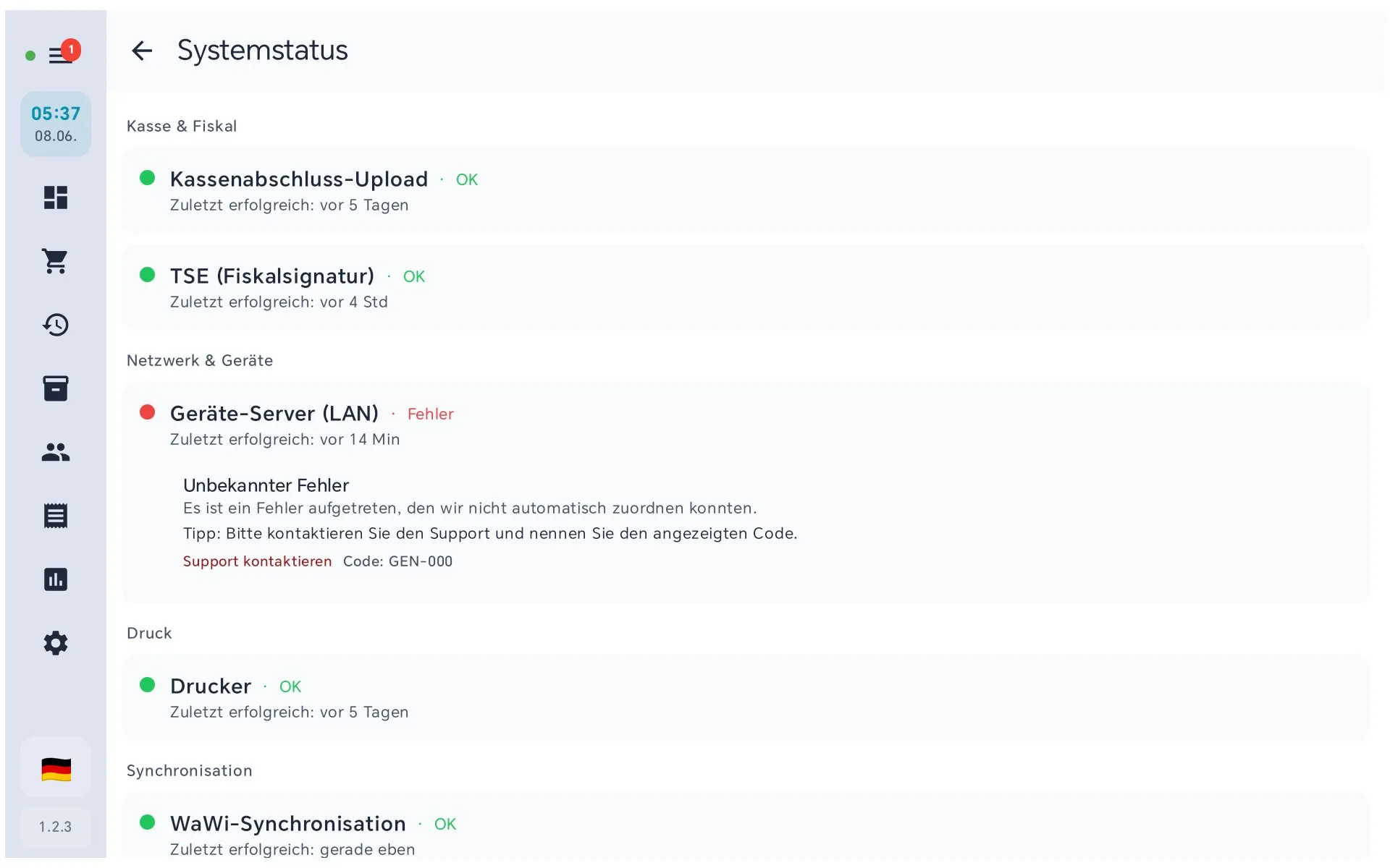 Systemstatus in der BISpicy-POS-App mit Verbindungszustand, TSE-Status und Versionsnummer