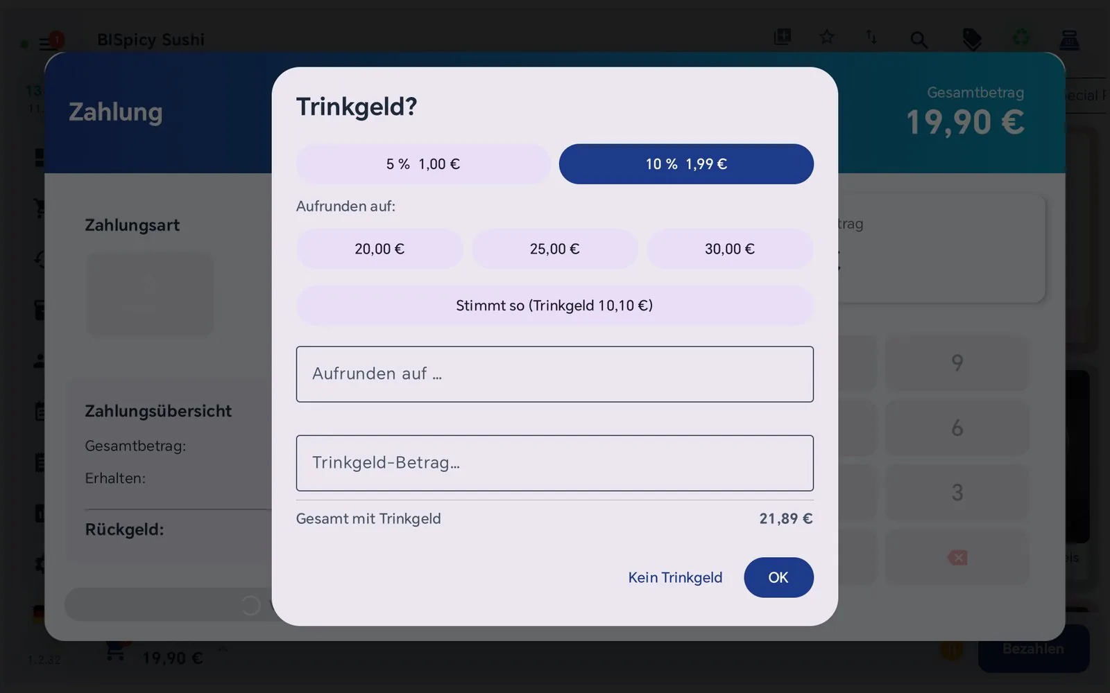 Trinkgeld-Dialog mit Prozentvorschlägen und Aufrundung