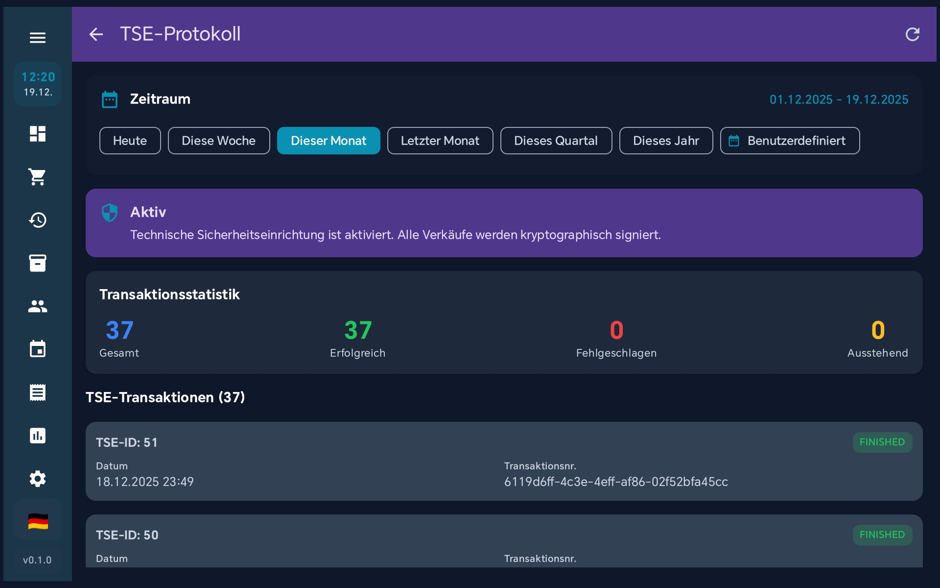 TSE-Protokoll - Transaktionsübersicht mit Status