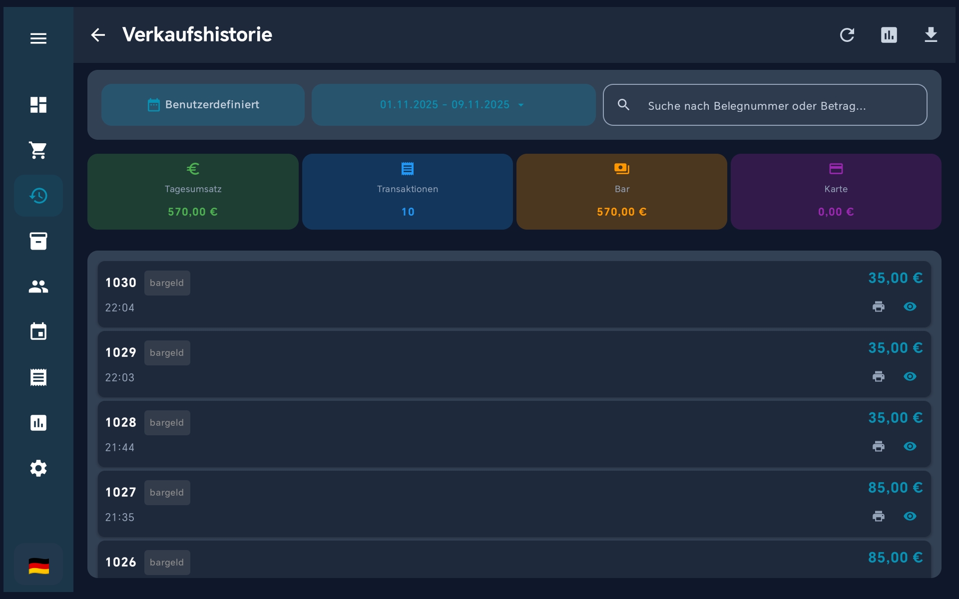 Verkaufshistorie mit Suchfunktion und Live-Statistiken