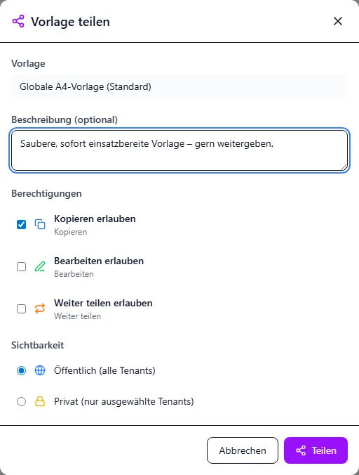 Teilen-Dialog: Rechte und Sichtbarkeit