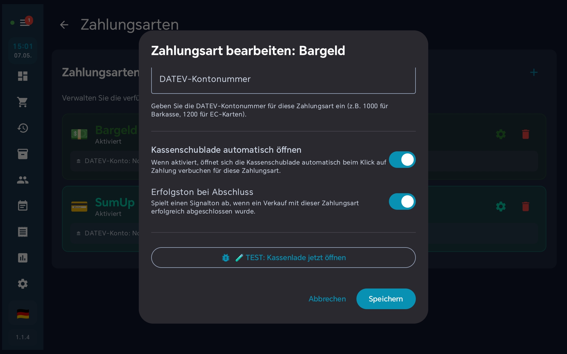 BISpicy POS Zahlungsart bearbeiten — Erfolgston bei Abschluss aktivieren