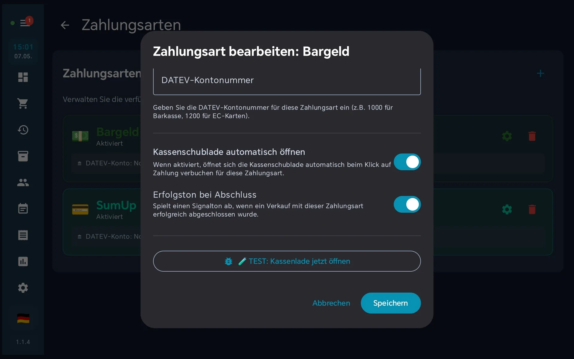 BISpicy POS Zahlungsart bearbeiten — Erfolgston bei Abschluss aktivieren