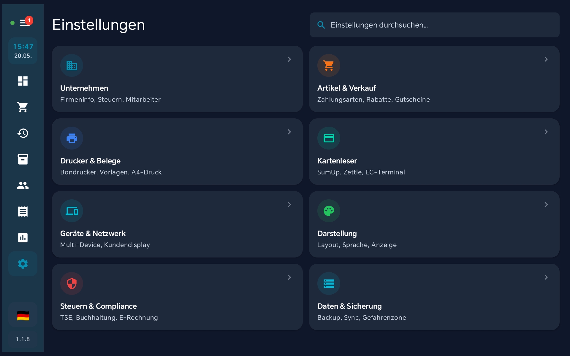 Einstellungen — Artikel und Verkauf wählen