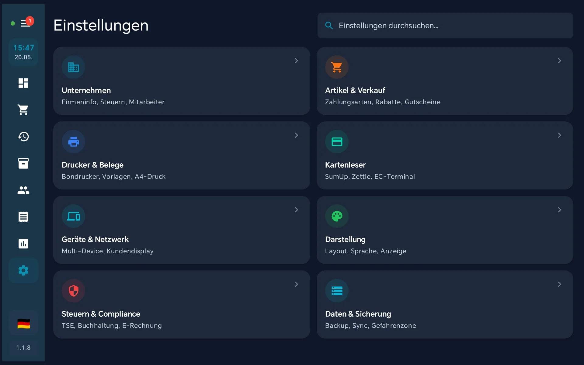 Einstellungen — Artikel und Verkauf wählen