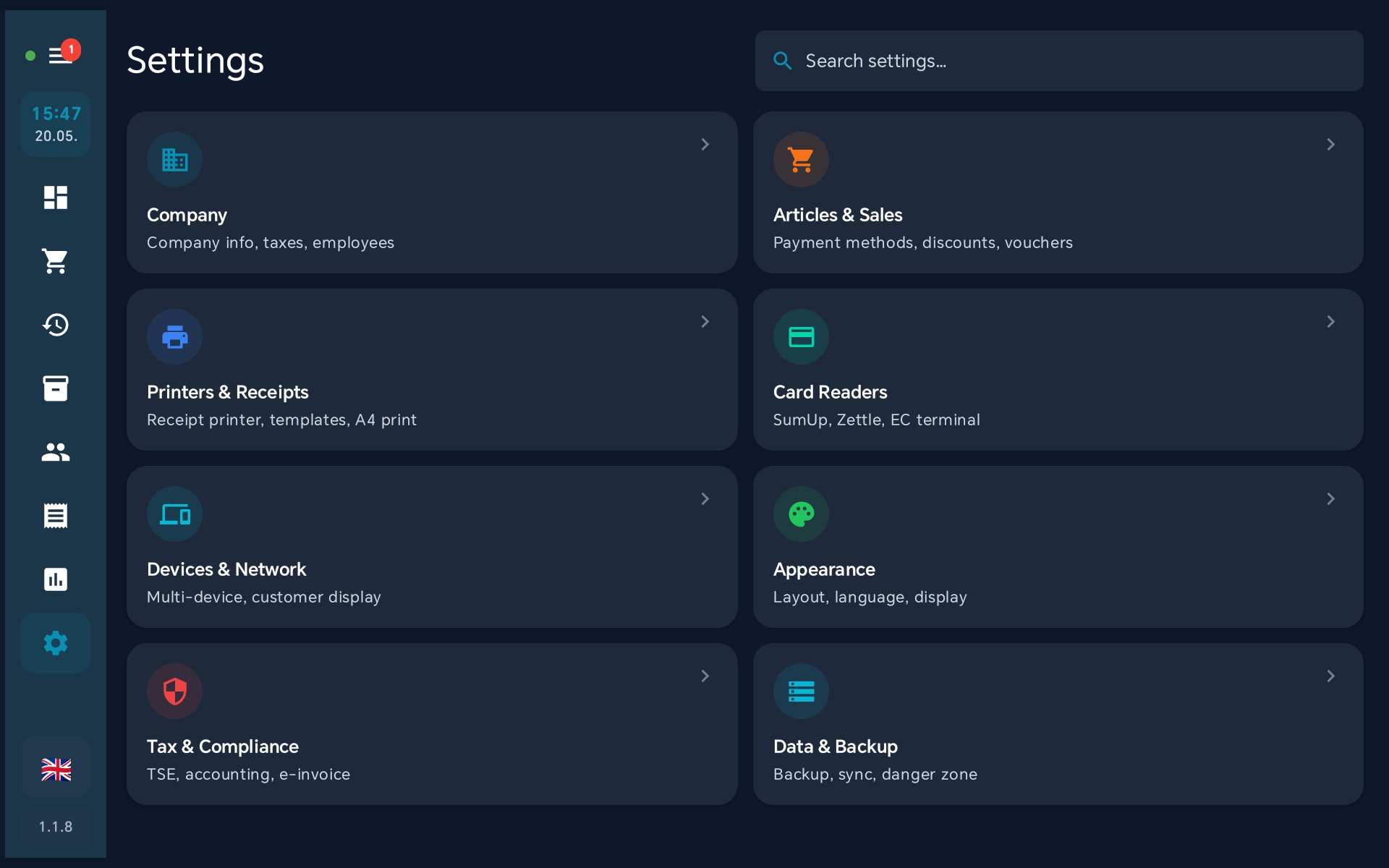 Settings — Articles and Sales tile