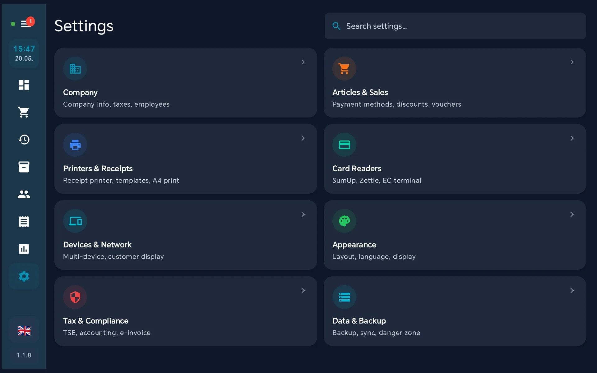 Settings — Articles and Sales tile