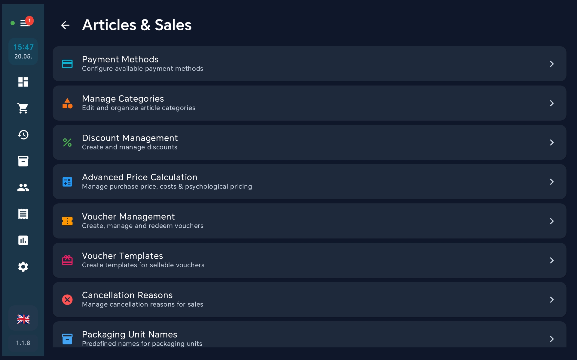 Articles and Sales sub-menu