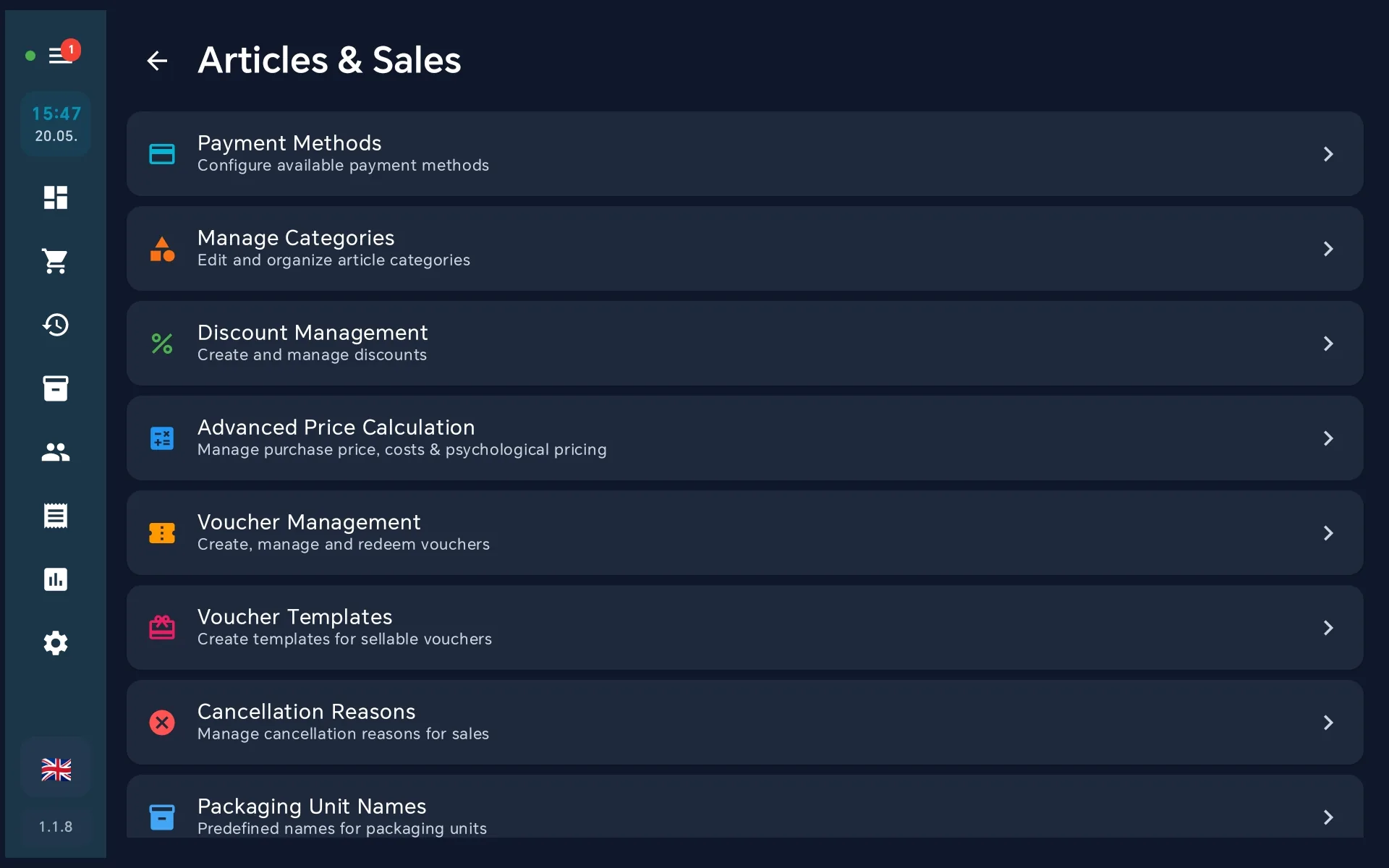 Articles and Sales sub-menu