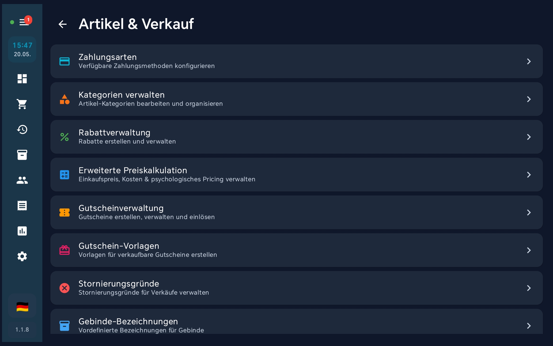Untermenü Artikel und Verkauf