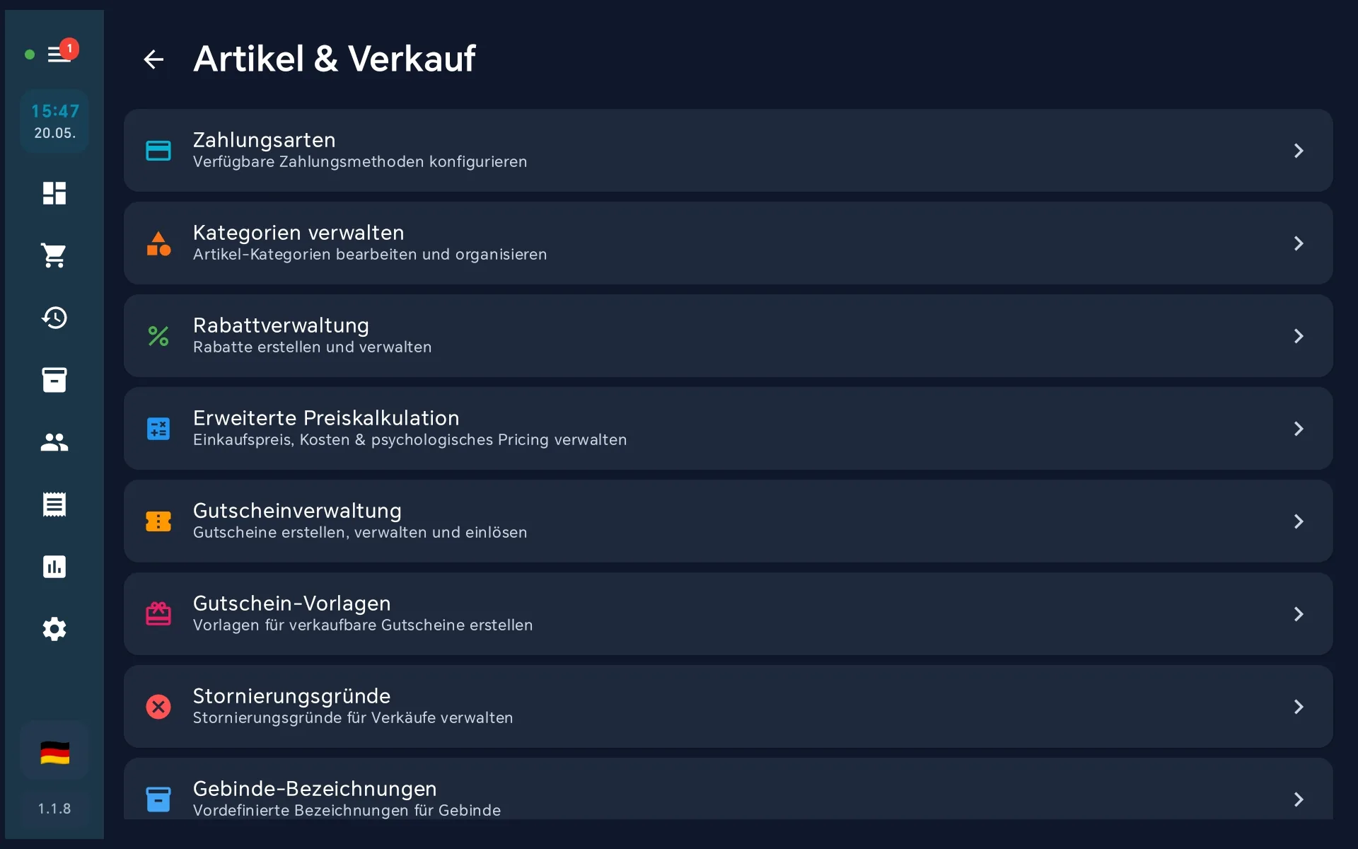 Untermenü Artikel und Verkauf
