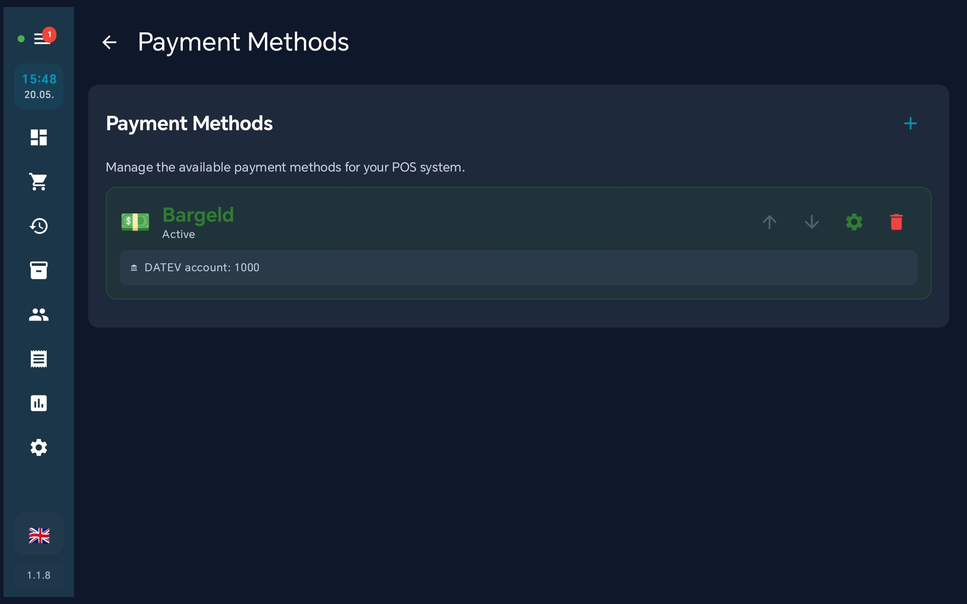 Payment methods list — Plus icon top right