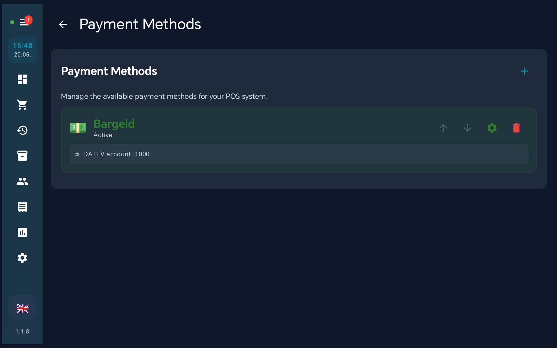 Payment methods list — Plus icon top right